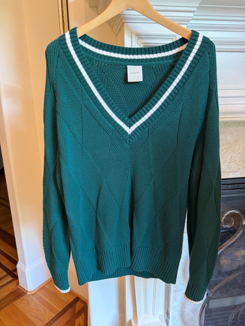 Varley Green V-Neck Sweater with White Trim